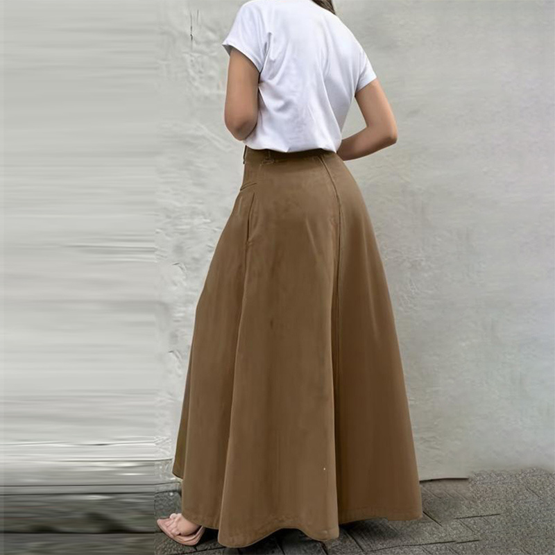 Women's Solid Color High-Waisted A-Line Skirt With Slit And Button Detail Flared Midi Skirt With Pockets For Spring & Fall - Image 7