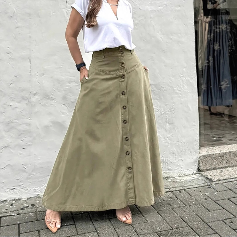 Women's Solid Color High-Waisted A-Line Skirt With Slit And Button Detail Flared Midi Skirt With Pockets For Spring & Fall - Image 3