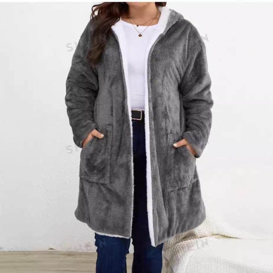 Cardigan Lazy Hooded Long Sleeve Plush Coat - Image 2