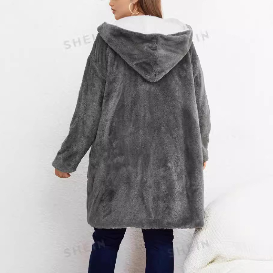 Cardigan Lazy Hooded Long Sleeve Plush Coat - Image 4